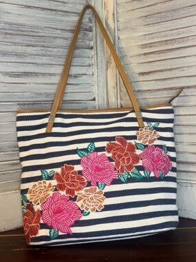 Chico's Navy & White Striped Tote with Pink, Coral & Tan Accents- perfect bag!